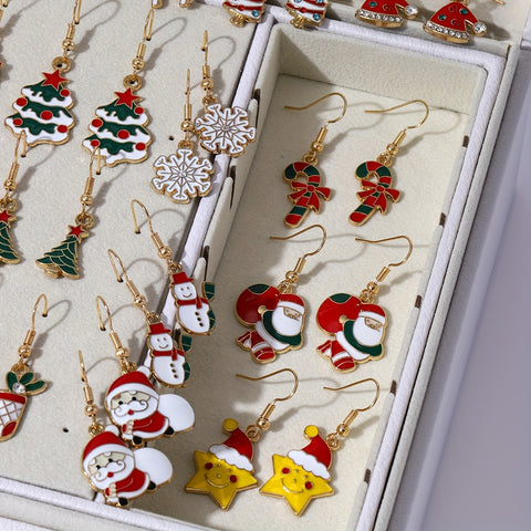 Image of 23 Pairs Cute Christmas Earrings Set, Cartoon Santa, Reindeer, Snowflake, Christmas Tree, Snowman Pendant Earrings, Women's Festive Party Jewelry, Perfect Gift for Christmas and New Year, Zinc Alloy, Iron Earwires, All-Season-FrenzyAfricanFashion.com