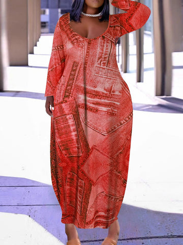 Image of Plus Size Casual Dress Women's Denim Print Long Sleeve Maxi Dress-FrenzyAfricanFashion.com