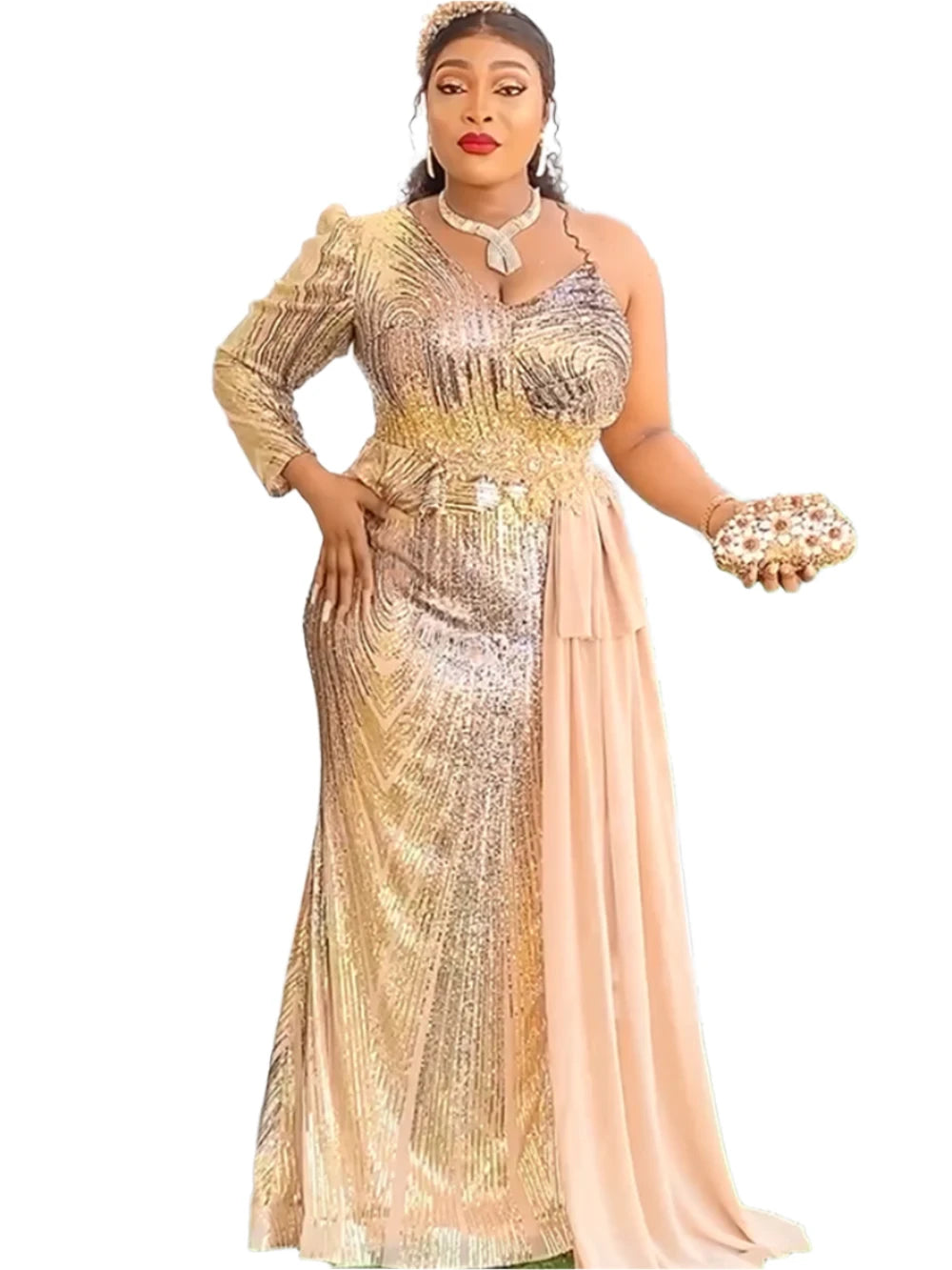 Gold Sequin Long Women Party Dress Outfits One Hand Long sleeve-FrenzyAfricanFashion.com