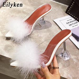 Eilyken 2022 New PVC shoes Woman Feather Transparent High heels Fur Pumps Slippers Women Peep toe Mules Lady Pumps Slides White-FrenzyAfricanFashion.com