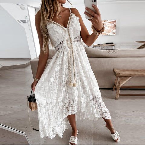 Image of Off Shoulder Lace Patchwork Elegant Dress Women Summer 2021 V Neck Spaghetti Strap Dress Female New Fashion Solid Party Dresses-FrenzyAfricanFashion.com