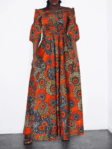 Image of African National Print Party Dress Women Casual Sexy Slash-neck Lady Maxi Dress New Vintage Long-sleeved Loose Elegant Dresses-FrenzyAfricanFashion.com