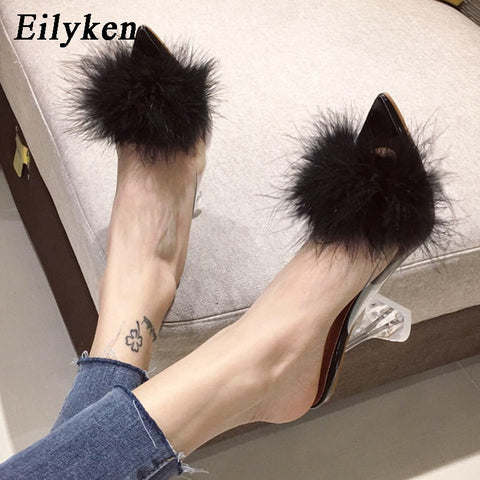 Image of Eilyken 2022 New PVC shoes Woman Feather Transparent High heels Fur Pumps Slippers Women Peep toe Mules Lady Pumps Slides White-FrenzyAfricanFashion.com