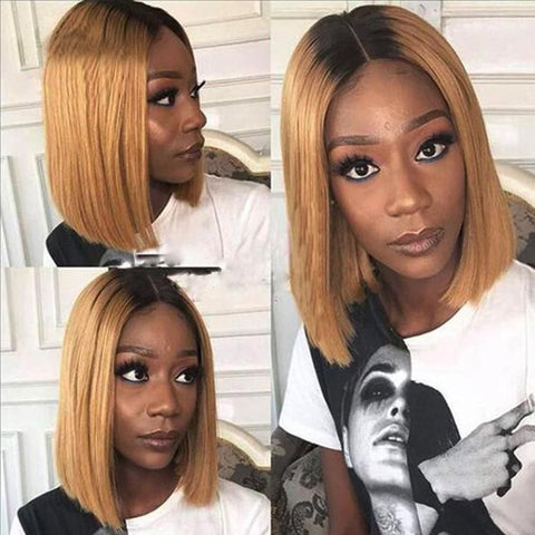 Image of Straight Short Bob Human Hair Wigs Brazilian Ombre Blonde Bob Wig Lace Front Human Hair Wigs Blunt Cut Bob Wigs For Black Women-FrenzyAfricanFashion.com