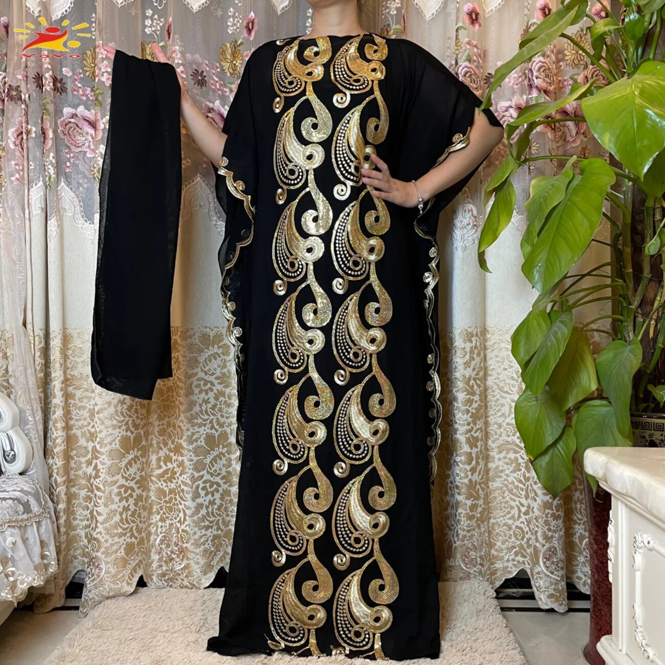 Women Abaya African Embroidery Flower Dress With Scarf-FrenzyAfricanFashion.com