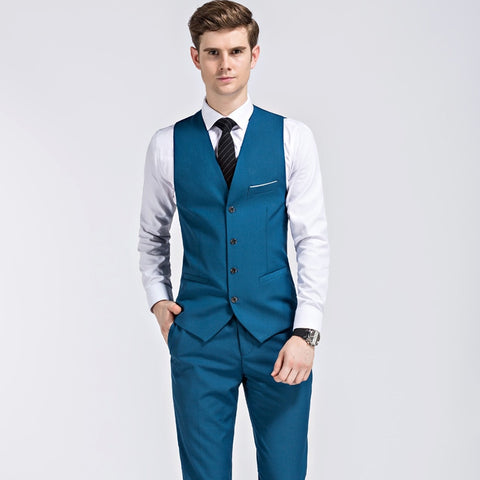 Image of Spring And Autumn High Quality 3Piece Bride Dress Slim Fit Wedding Evening Men Vest Suit Classic Solid Blue Formal Male Blazer-FrenzyAfricanFashion.com