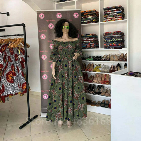 Image of African National Print Party Dress Women Casual Sexy Slash-neck Lady Maxi Dress New Vintage Long-sleeved Loose Elegant Dresses-FrenzyAfricanFashion.com