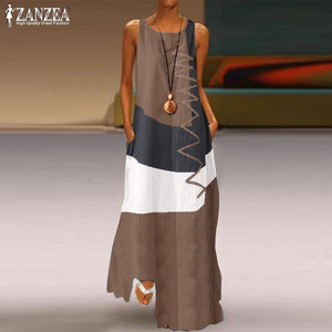 ZANZEA 2022 Womens Autumn Sundress Stitching Maxi Dress Casual Long Sleeve Tunic Vestidos Female Cotton Linen Robe-FrenzyAfricanFashion.com