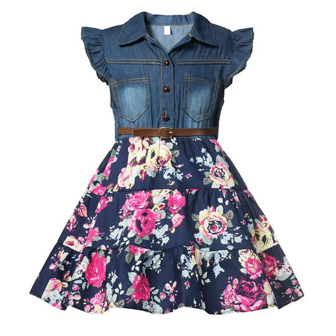 Image of Summer Girls Denim Floral Dress Short Sleeve Casual Clothes-FrenzyAfricanFashion.com