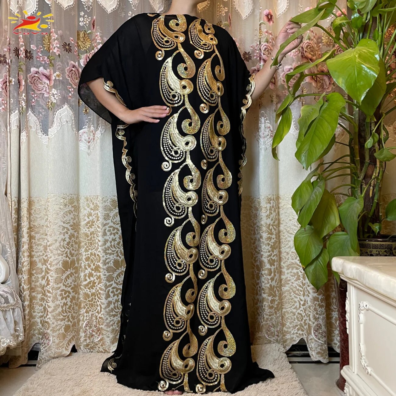 Women Abaya African Embroidery Flower Dress With Scarf-FrenzyAfricanFashion.com