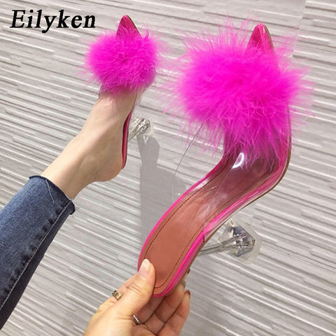Image of Eilyken 2022 New PVC shoes Woman Feather Transparent High heels Fur Pumps Slippers Women Peep toe Mules Lady Pumps Slides White-FrenzyAfricanFashion.com