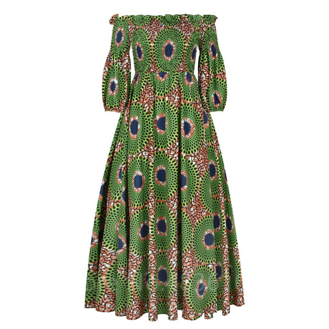 Image of African National Print Party Dress Women Casual Sexy Slash-neck Lady Maxi Dress New Vintage Long-sleeved Loose Elegant Dresses-FrenzyAfricanFashion.com