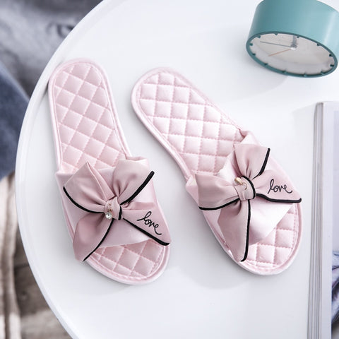Image of Women Indoor Silk Slippers Butterfly-knot Bowtie Light Comfy Flats Open Toe Home Slides House Causal Fashion Cute Shoes Ladies-FrenzyAfricanFashion.com