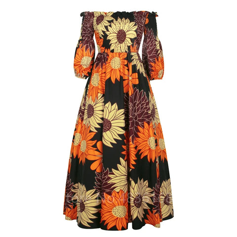 Image of African National Print Party Dress Women Casual Sexy Slash-neck Lady Maxi Dress New Vintage Long-sleeved Loose Elegant Dresses-FrenzyAfricanFashion.com