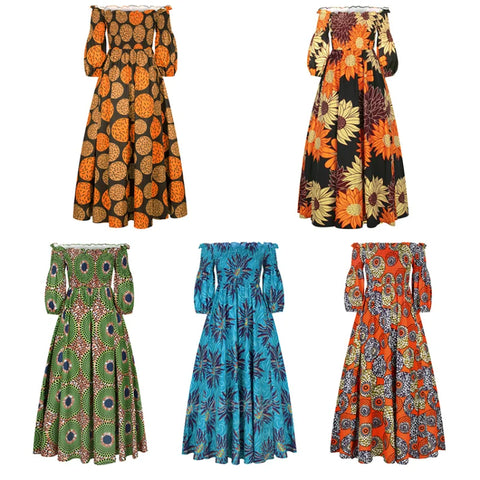 Image of African National Print Party Dress Women Casual Sexy Slash-neck Lady Maxi Dress New Vintage Long-sleeved Loose Elegant Dresses-FrenzyAfricanFashion.com