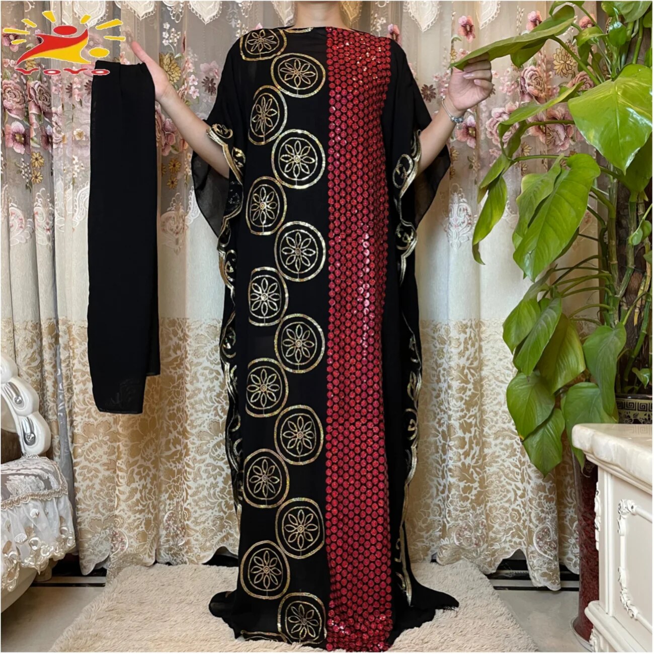 Women Abaya African Embroidery Flower Dress With Scarf-FrenzyAfricanFashion.com