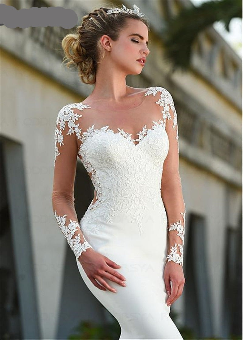 Floniel Designer Long Sleeves Sheer Illusion Lace Appliques Mermaid Wedding Dresses Bridal Gowns See Through Back-FrenzyAfricanFashion.com