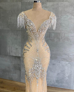 New Arabic Illusion V-neck Evening Dresses 2020 Crystal Beaded Dubai Prom Dress Party Gown robe de soiree-FrenzyAfricanFashion.com