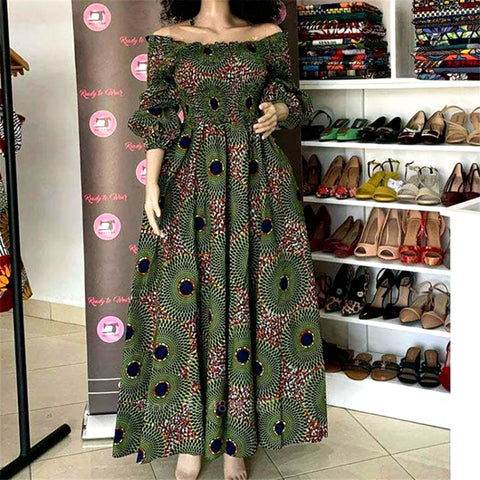 Image of African National Print Party Dress Women Casual Sexy Slash-neck Lady Maxi Dress New Vintage Long-sleeved Loose Elegant Dresses-FrenzyAfricanFashion.com