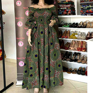 African National Print Party Dress Women Casual Sexy Slash-neck Lady Maxi Dress New Vintage Long-sleeved Loose Elegant Dresses-FrenzyAfricanFashion.com