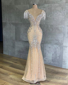 New Arabic Illusion V-neck Evening Dresses 2020 Crystal Beaded Dubai Prom Dress Party Gown robe de soiree-FrenzyAfricanFashion.com