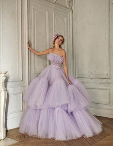 Lavender Purple Ball Gown Dress Beaded Ruffles Dress Lush Tulle Dress For Women Fluffy Prom Dresses Soft Wedding Dress For Bride-FrenzyAfricanFashion.com