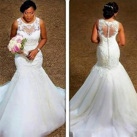 Image of Wedding Dress Sexy 2020 Fishtail Bridal Gown Lace Wedding Dress Beautiful Bridal Dress Applique Customizable Color-FrenzyAfricanFashion.com