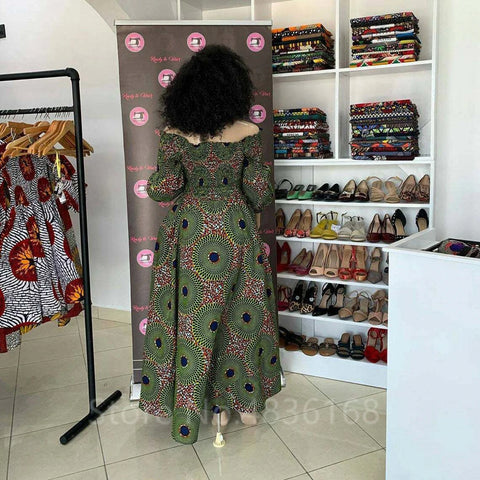 Image of African National Print Party Dress Women Casual Sexy Slash-neck Lady Maxi Dress New Vintage Long-sleeved Loose Elegant Dresses-FrenzyAfricanFashion.com