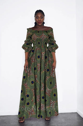 Image of African National Print Party Dress Women Casual Sexy Slash-neck Lady Maxi Dress New Vintage Long-sleeved Loose Elegant Dresses-FrenzyAfricanFashion.com