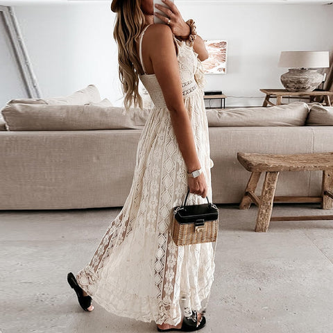 Image of Off Shoulder Lace Patchwork Elegant Dress Women Summer 2021 V Neck Spaghetti Strap Dress Female New Fashion Solid Party Dresses-FrenzyAfricanFashion.com