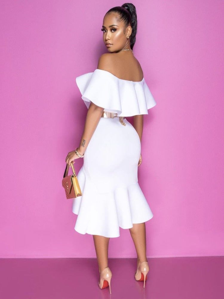 Women Summer Sexy Off-Shoulder Midi White Tunics Dress Ladies Evening Party Fishtail Dresses-FrenzyAfricanFashion.com