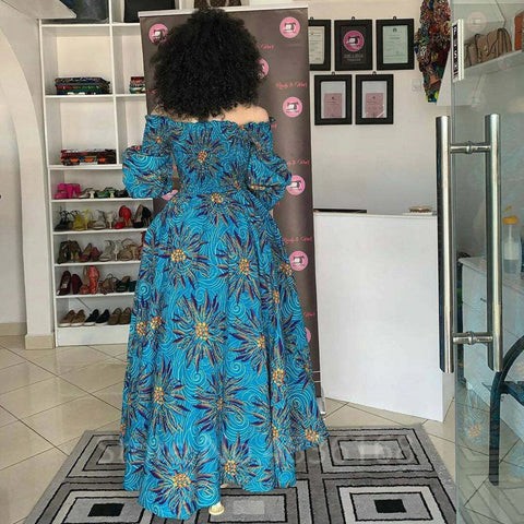 Image of African National Print Party Dress Women Casual Sexy Slash-neck Lady Maxi Dress New Vintage Long-sleeved Loose Elegant Dresses-FrenzyAfricanFashion.com