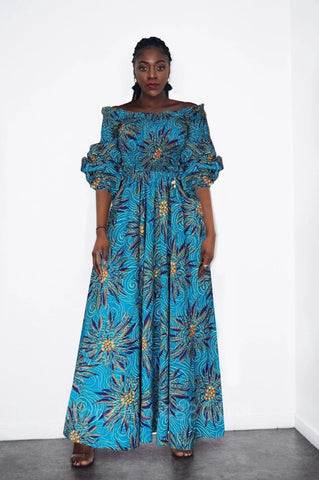 Image of African National Print Party Dress Women Casual Sexy Slash-neck Lady Maxi Dress New Vintage Long-sleeved Loose Elegant Dresses-FrenzyAfricanFashion.com