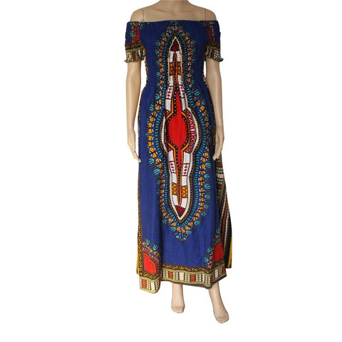 Image of Cotton Vintage Dashiki Long Dress Petal Sleeve Slash Neck African Print Maxi Dresses - two wearing styles-FrenzyAfricanFashion.com