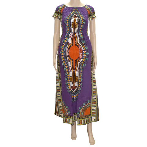 Image of Cotton Vintage Dashiki Long Dress Petal Sleeve Slash Neck African Print Maxi Dresses - two wearing styles-FrenzyAfricanFashion.com