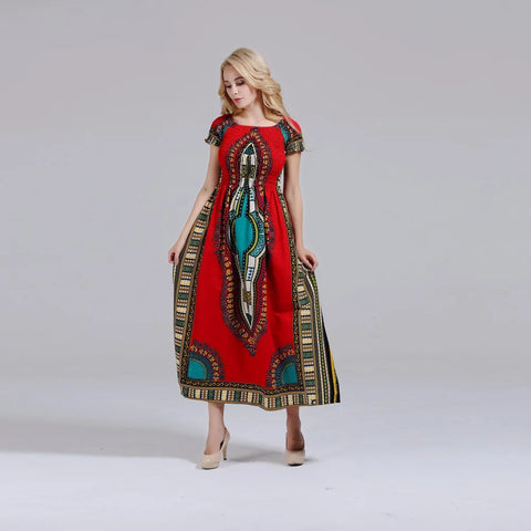 Image of Cotton Vintage Dashiki Long Dress Petal Sleeve Slash Neck African Print Maxi Dresses - two wearing styles-FrenzyAfricanFashion.com