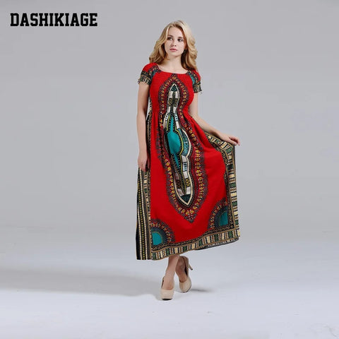 Image of Cotton Vintage Dashiki Long Dress Petal Sleeve Slash Neck African Print Maxi Dresses - two wearing styles-FrenzyAfricanFashion.com