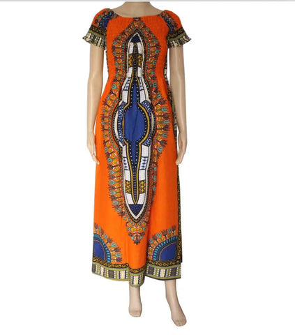 Image of Cotton Vintage Dashiki Long Dress Petal Sleeve Slash Neck African Print Maxi Dresses - two wearing styles-FrenzyAfricanFashion.com