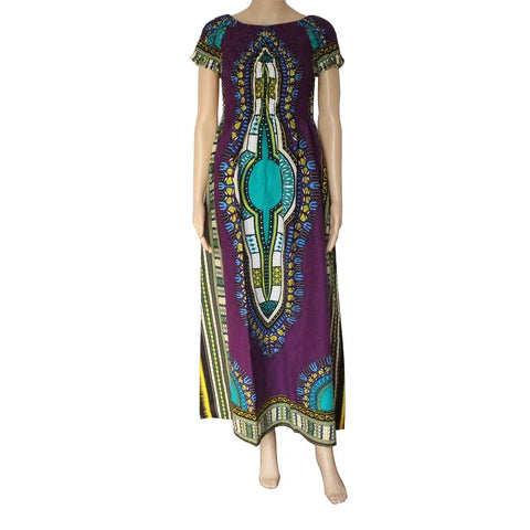 Image of Cotton Vintage Dashiki Long Dress Petal Sleeve Slash Neck African Print Maxi Dresses - two wearing styles-FrenzyAfricanFashion.com