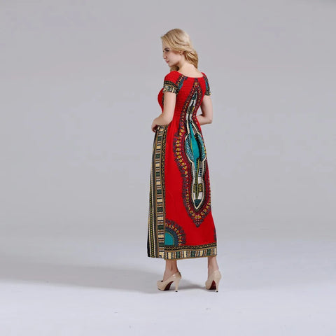 Image of Cotton Vintage Dashiki Long Dress Petal Sleeve Slash Neck African Print Maxi Dresses - two wearing styles-FrenzyAfricanFashion.com