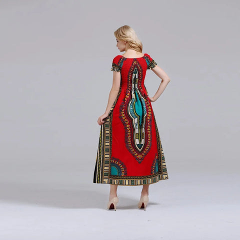 Image of Cotton Vintage Dashiki Long Dress Petal Sleeve Slash Neck African Print Maxi Dresses - two wearing styles-FrenzyAfricanFashion.com