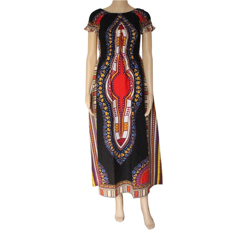 Image of Cotton Vintage Dashiki Long Dress Petal Sleeve Slash Neck African Print Maxi Dresses - two wearing styles-FrenzyAfricanFashion.com