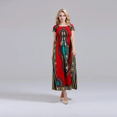 Image of Cotton Vintage Dashiki Long Dress Petal Sleeve Slash Neck African Print Maxi Dresses - two wearing styles-FrenzyAfricanFashion.com