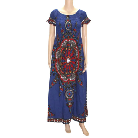 Image of Cotton Vintage Dashiki Long Dress Petal Sleeve Slash Neck African Print Maxi Dresses - two wearing styles-FrenzyAfricanFashion.com