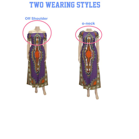 Image of Cotton Vintage Dashiki Long Dress Petal Sleeve Slash Neck African Print Maxi Dresses - two wearing styles-FrenzyAfricanFashion.com