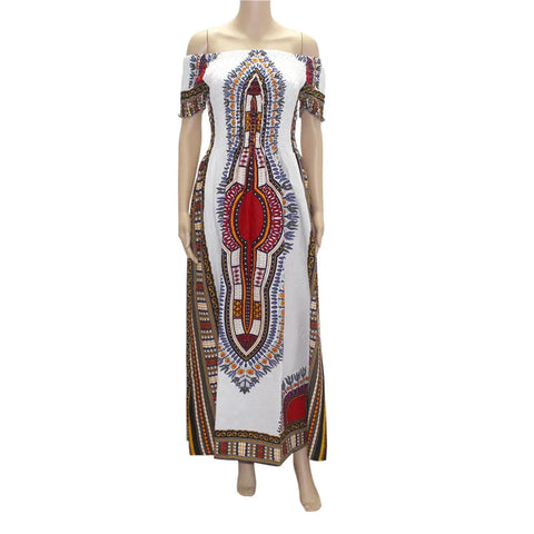 Image of Cotton Vintage Dashiki Long Dress Petal Sleeve Slash Neck African Print Maxi Dresses - two wearing styles-FrenzyAfricanFashion.com