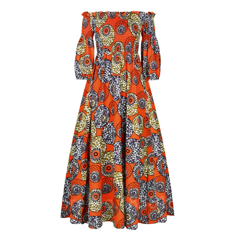 Image of African National Print Party Dress Women Casual Sexy Slash-neck Lady Maxi Dress New Vintage Long-sleeved Loose Elegant Dresses-FrenzyAfricanFashion.com