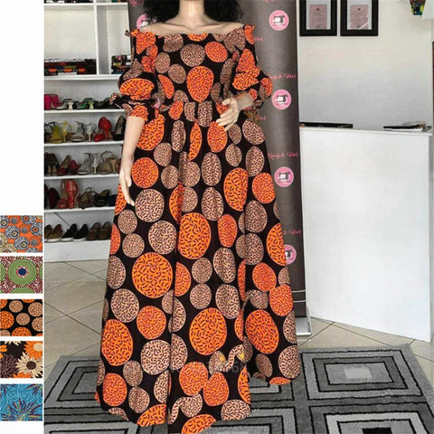 Image of African National Print Party Dress Women Casual Sexy Slash-neck Lady Maxi Dress New Vintage Long-sleeved Loose Elegant Dresses-FrenzyAfricanFashion.com