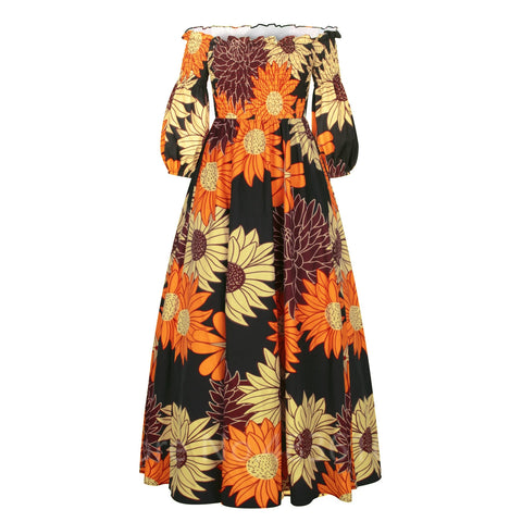 Image of African National Print Party Dress Women Casual Sexy Slash-neck Lady Maxi Dress New Vintage Long-sleeved Loose Elegant Dresses-FrenzyAfricanFashion.com