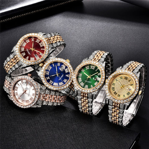 Image of Hip Hop Full Iced Out Mens Watches Luxury Date Quartz Wrist Watches With Micropaved Cubic Zircon Watch For Women Men Jewelry-FrenzyAfricanFashion.com